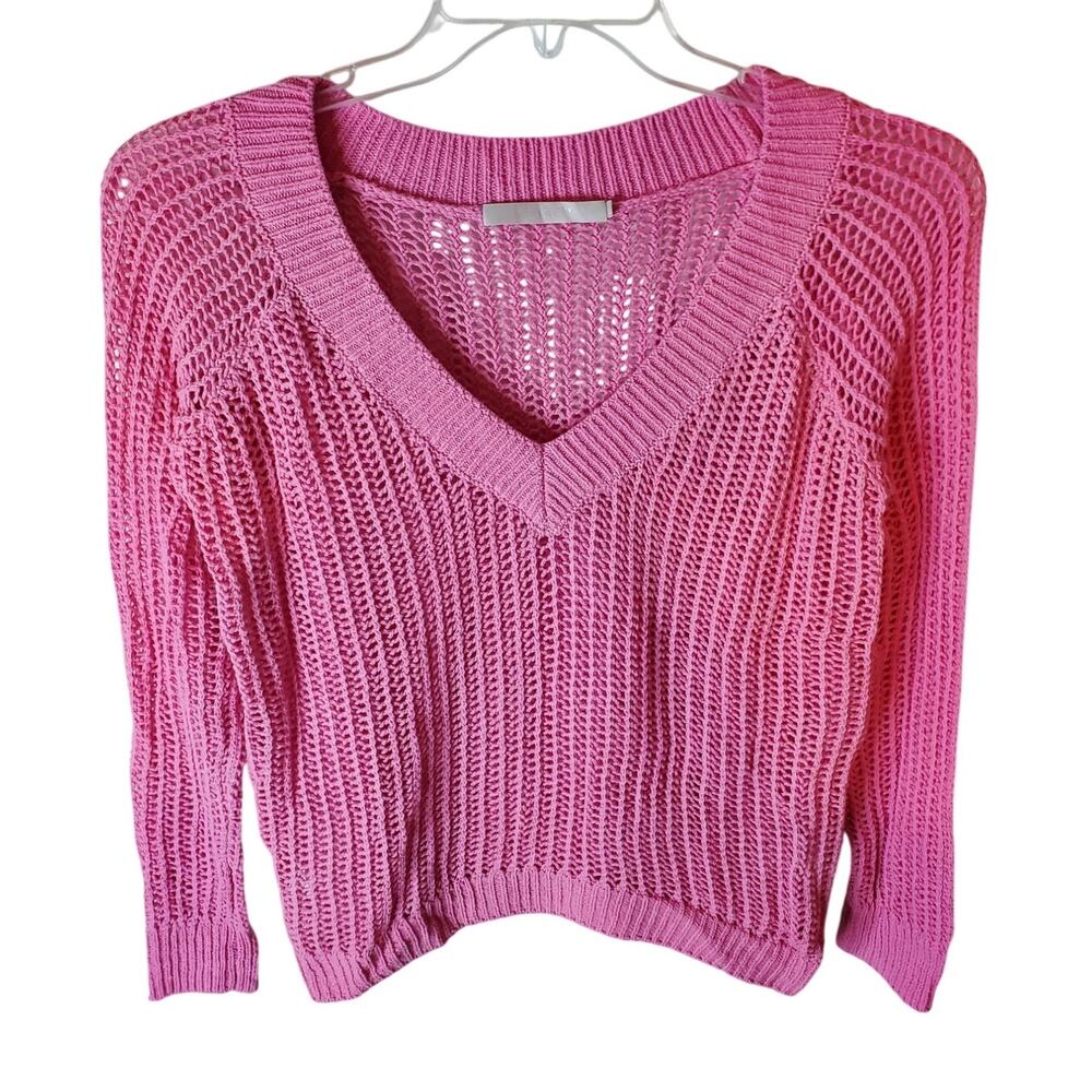 One Grey Day Bubble Gum Pink Open Knit V-Neck Sweater, Small